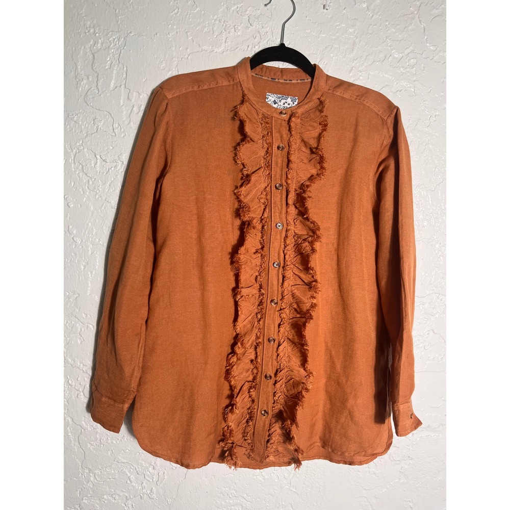 Pilcro Anthropologie Rust Orange Linen Blend Frayed Ruffle Button Down Blouse XS